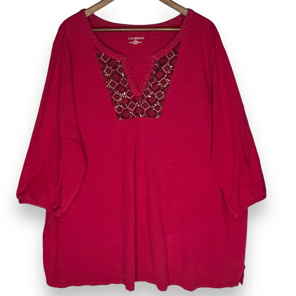 Catherines Blouse Top Cotton Bead Sequin Neckline Accent Red Southwestern 3X